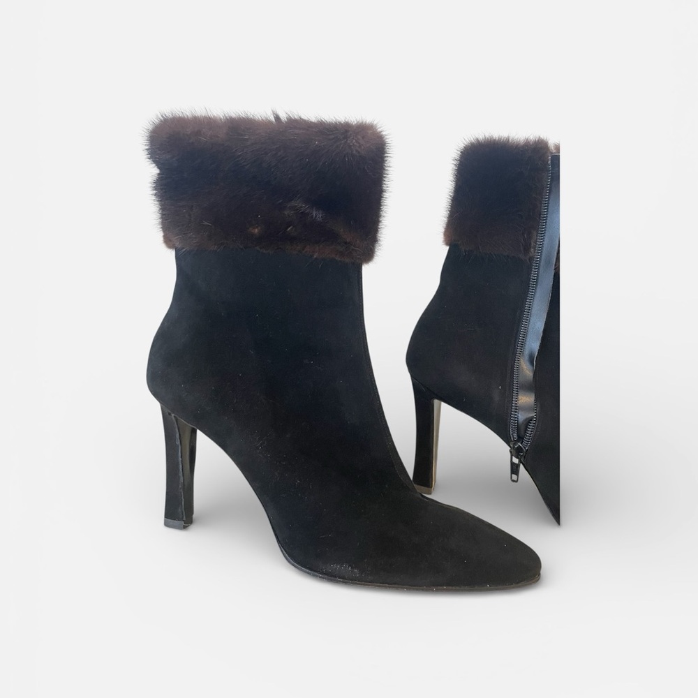 New Yves Saint Laurent Black Suede and Chestnut Mink-Trimmed Boots